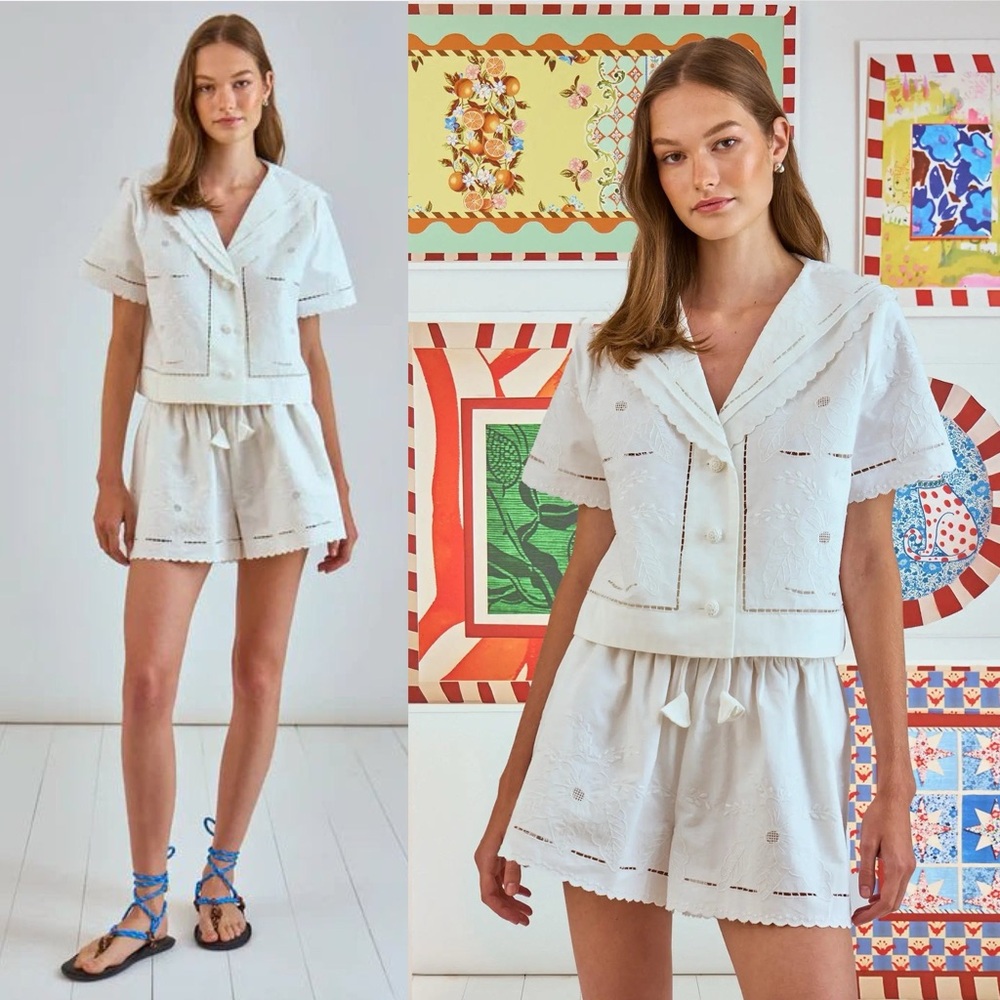 Hunter Bell Fern Embroidered Cotton Shorts White Eyelet Size 8 NWT